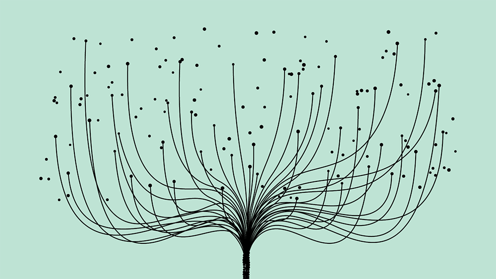 Illustration of a plant releasing seeds into the air.