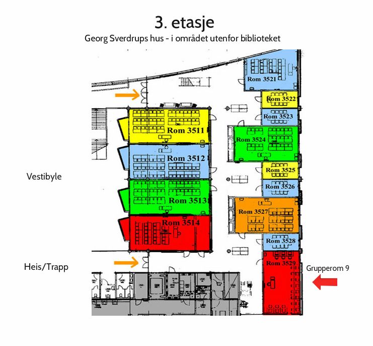 Tegnet kart av romplan i 3. etasje