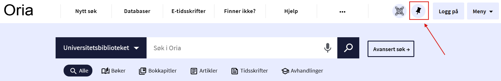Orias toppmeny med tegnestift-ikon for Mine favoritter
