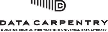 Logo with "D" letter contains "C" inside with vertical lines on the left side. Also the following text is shown under the logo: "DATA CARPENTRY Building communities teaching universal data literacy"