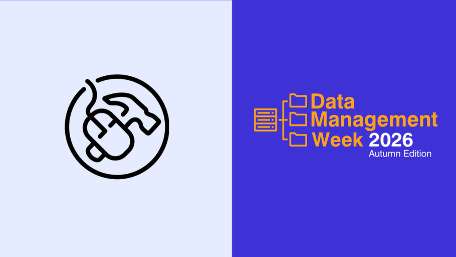 Grey background with black Carpentry logo on the left (depicting a computer mouse on top of a hammer) and blue background with orange text reading Data Managemnet Week 2026 Autumn Edition