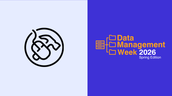 Grey background with black Carpentry logo on the left and blue background with orange text of Data Managemnet Week