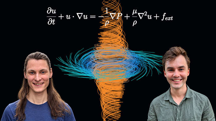 Matematisk formel, to foredragsholdere, og en illustrasjon formet som en spiral