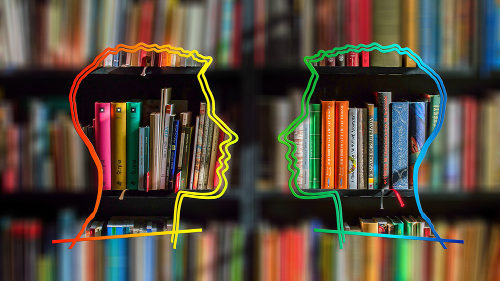Image of silhouttes of two heads with a bookshelf in the background.