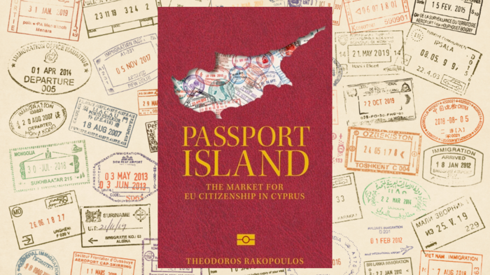 Book cover on top of a collage of passport stamps