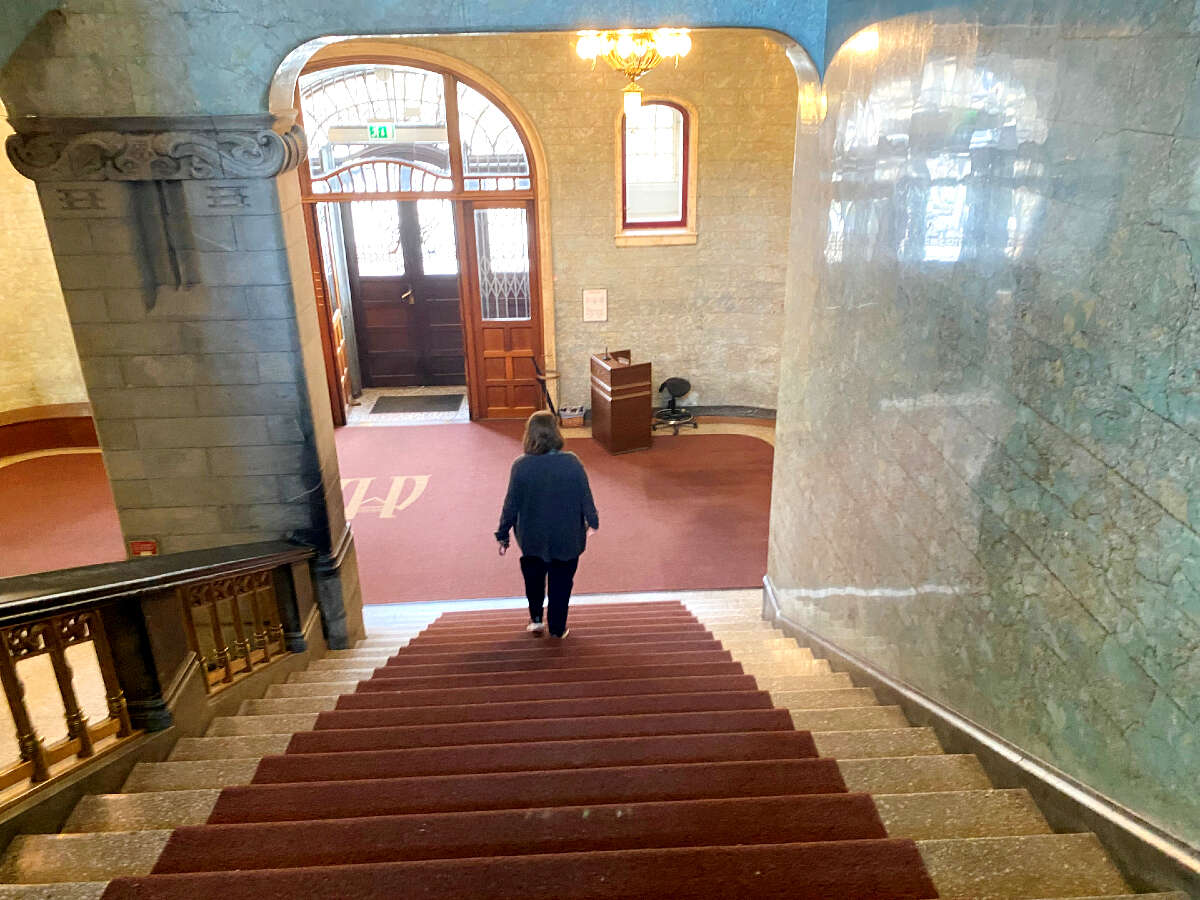 Image may contain: Stairs, Interior design, Flooring, Floor, Arch.