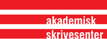 logo til akademisk skrivesenter med tre røde striper og tekst i hvitt.