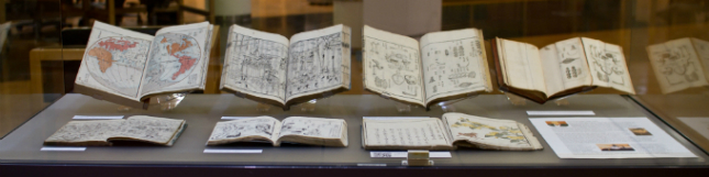 Illustrated books in a display case