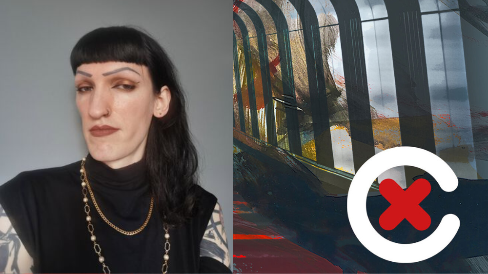 Portrait of Celestine Kunkeler and the logo of C-REX which concists of a white letter C and a red X in the middle.