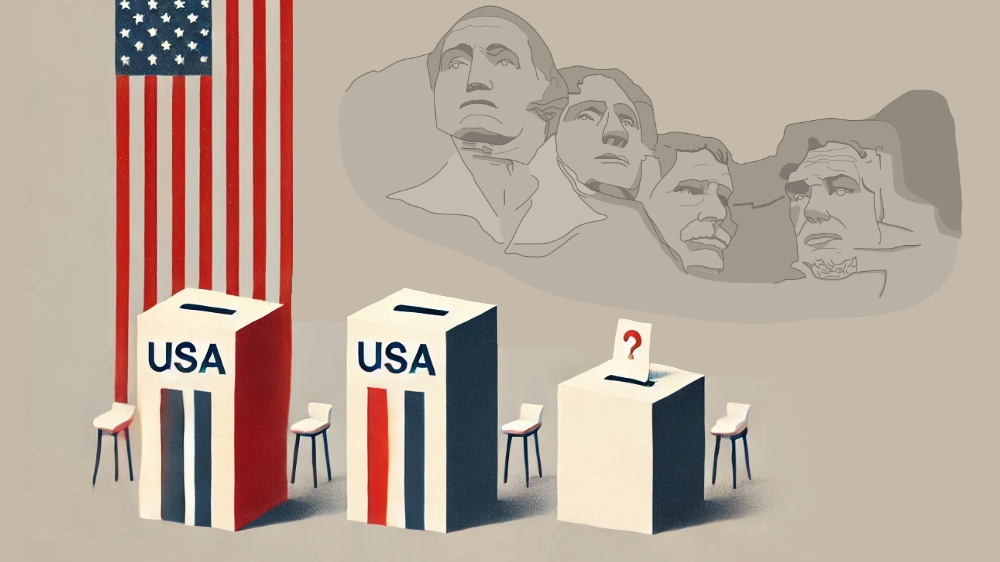 illustrasjon med det amerikanske flagget foran tre talerstoler der det står USA på to av dem og et spørsmålstegn på den siste.