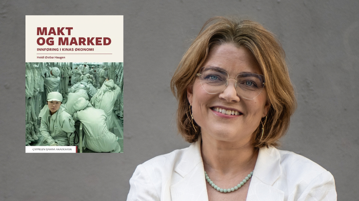 portrettbilde av Heidi Østbø Haugen ved siden av bilde av en bok.