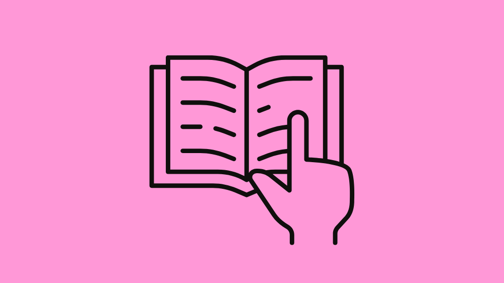 Illustrasjon av åpen bok og ei hånd på rosa bakgrunn.
