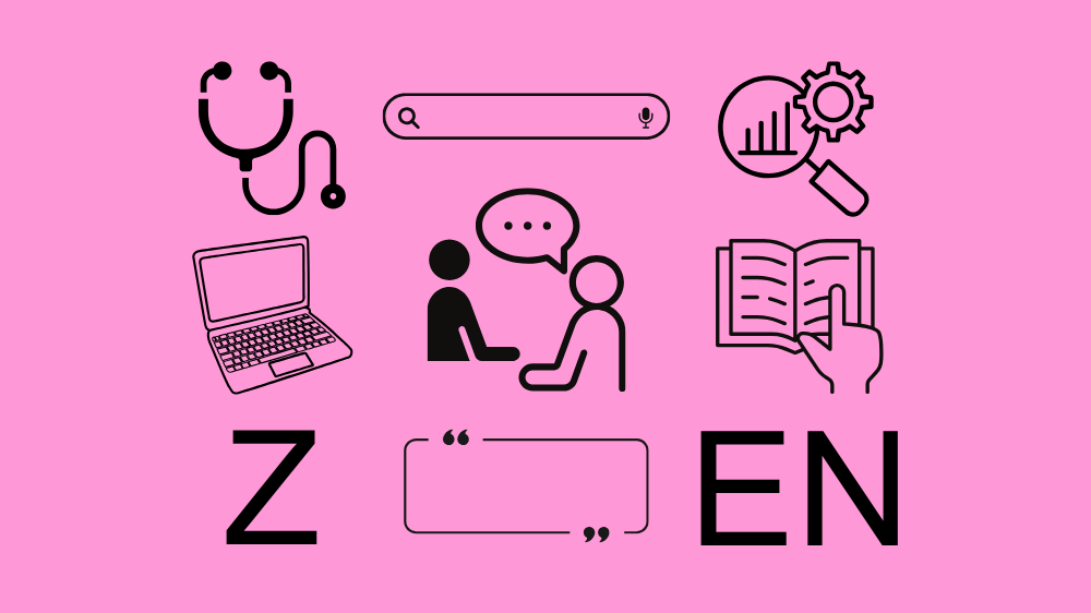 Illustrasjon av stetoskop, søkeverktøy, laptop, bok, referansehåndtering og veiledning på rosa bakgrunn.
