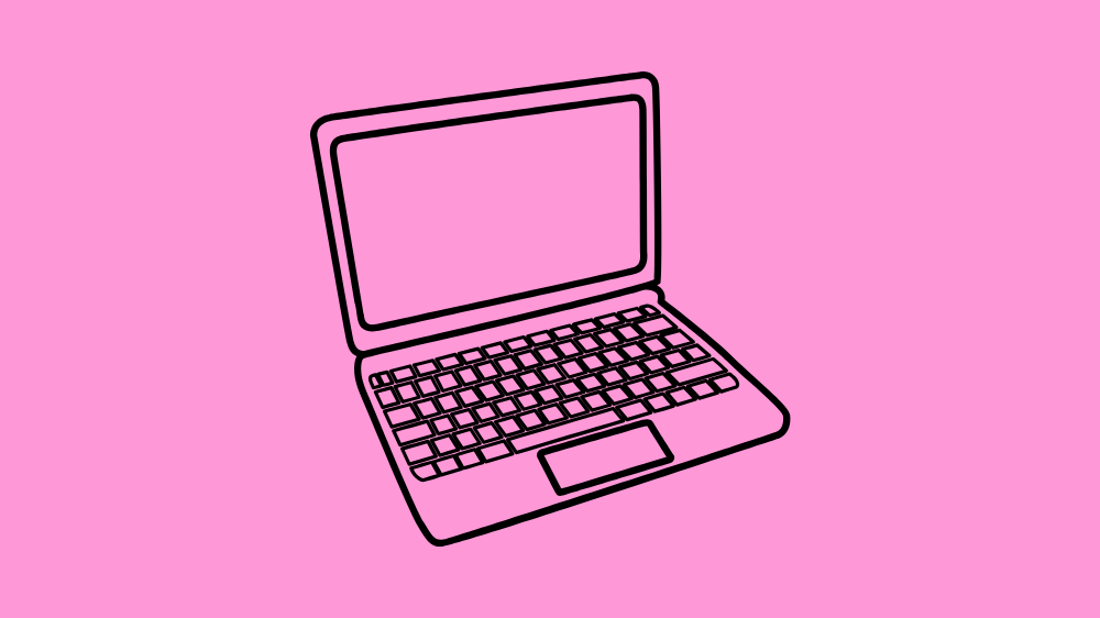 Illustrasjon av laptop på rosa bakgrunn.