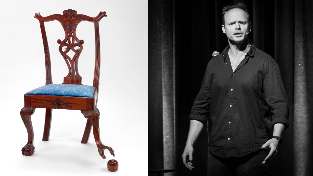 To bilder, ett av en stol med brukket ben og ett portrett av Harald Eia