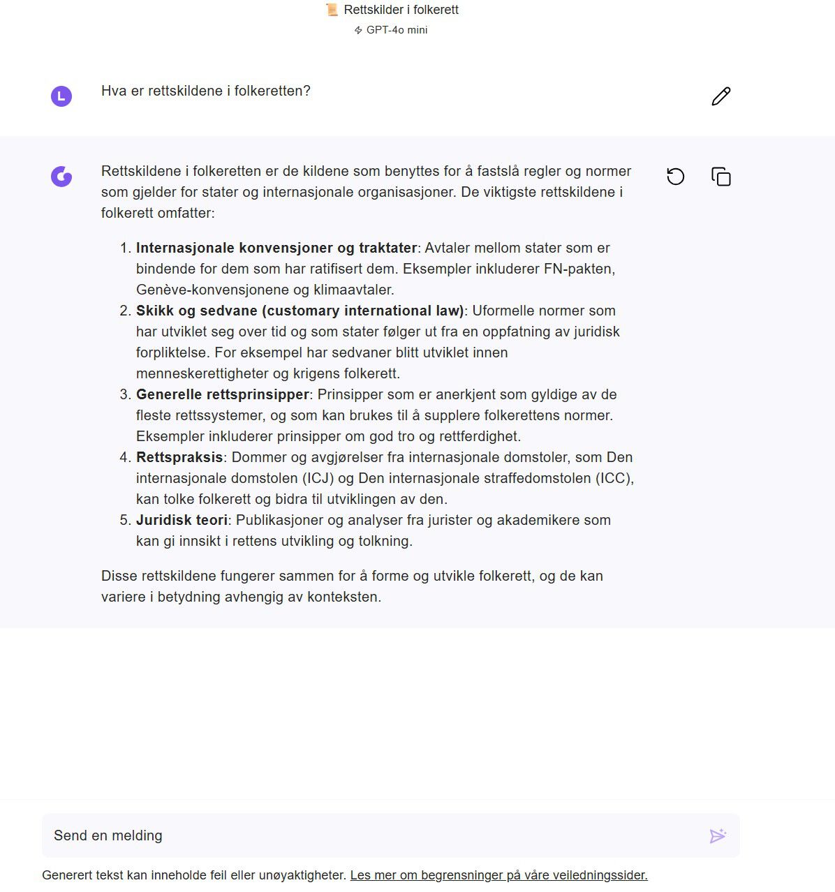 Eksempel på bruk av UiO GPT med instruksen "Hva er rettskildene i folkeretten?"