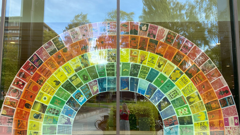Rainbow, book covers, window, 
