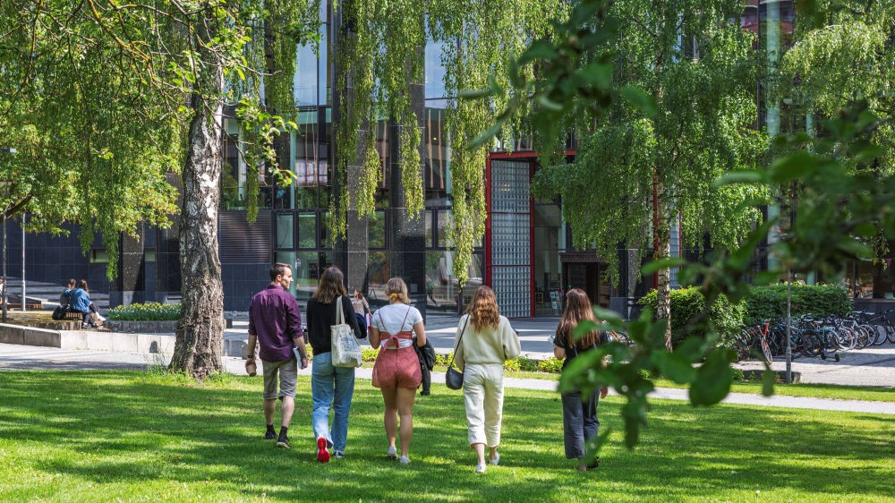 Fem studenter går over plenen på vei til Georg Sverdrups hus.
