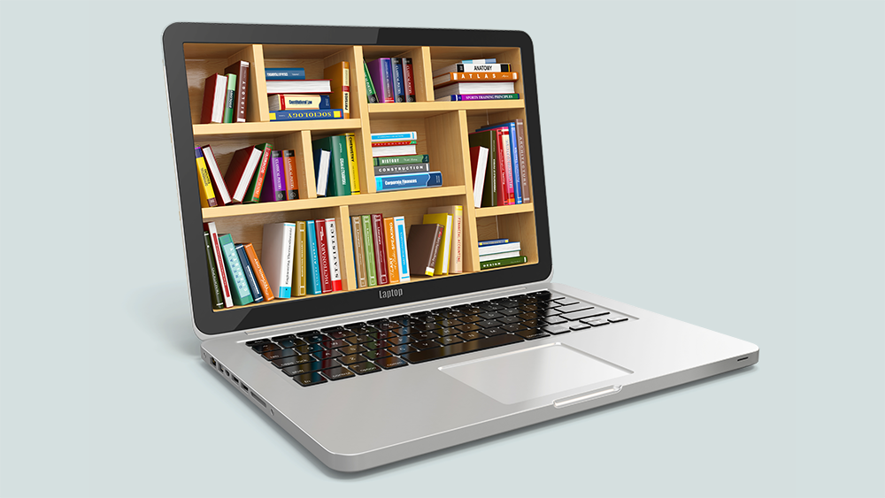 Illustration of e-learning: Books inside a laptop.