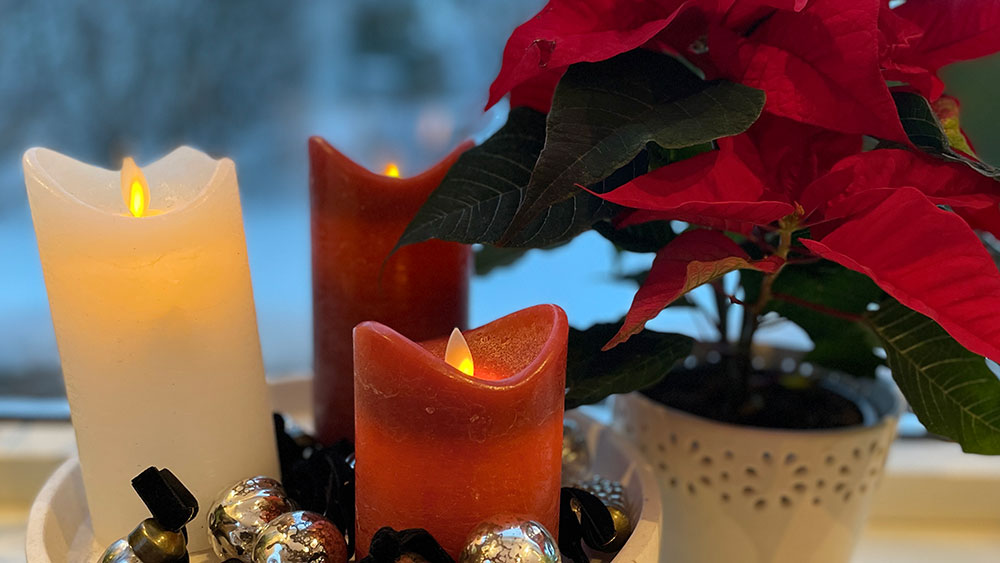 Photo of candles and red flowers.